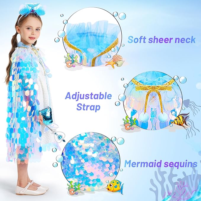 Princess Dress Up Toys Princess Dress Up Clothes Rainbow Mermaid Cape Kit 9 Pcs Gift Set for Little Girls 3-8 Years