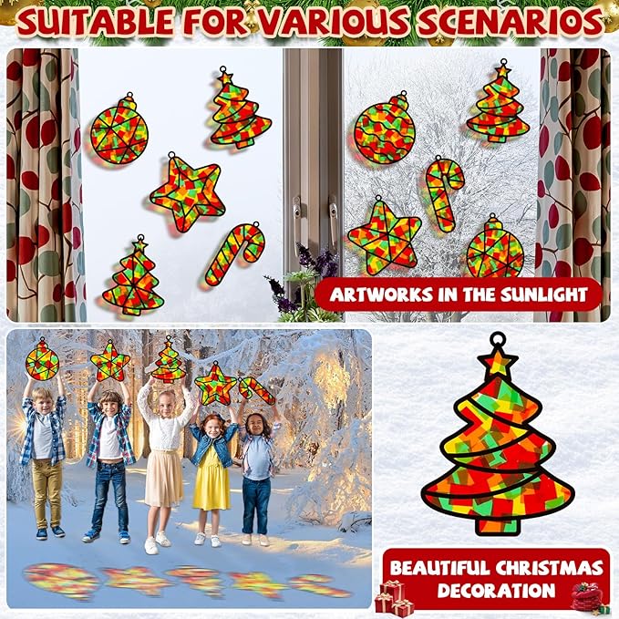 QOUBAI 32 Sets Christmas Theme Suncatchers Craft Kit DIY Window Stained Glass Effect Christmas Theme Paper Crafts Home School Classroom Decoration Kid Birthday Gift Creative Art Project Activity Game