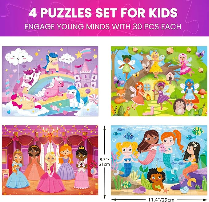 QUOKKA Puzzles for Toddlers 3-5 – Shimmer 4-Pack 30 Pieces Puzzles for Kids Ages 2-4 - Fairy Tale Jigsaw Set with Princess Unicorns for Kids 4-6 Years, Gift for 3 Year-Old Boy Girl, FSC Certified Toy