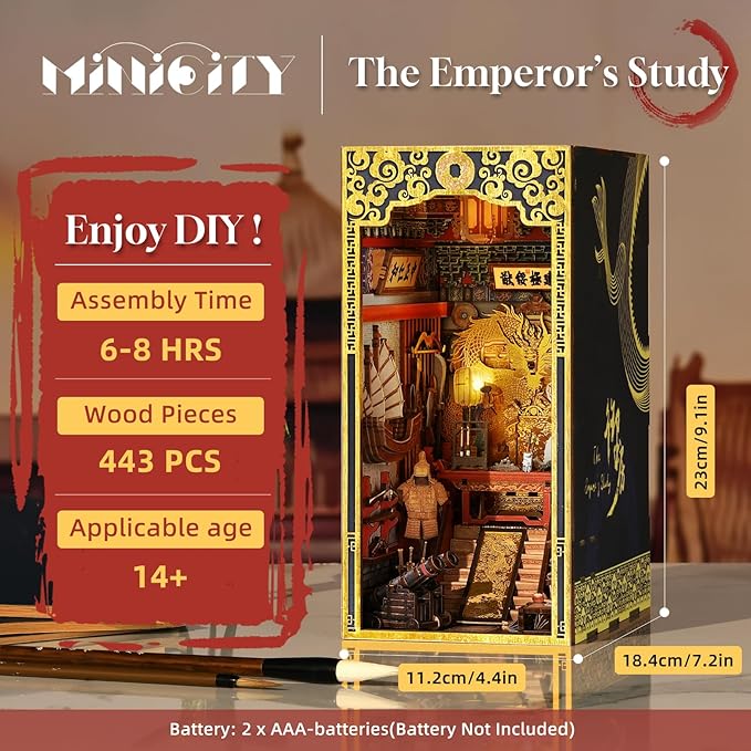 Book Nook Kit, DIY Miniature Dollhouse Booknook Kit, 3D Wooden Puzzle Bookend Bookshelf Insert Decor with LED Light for Teens and Adults (The Emperor's Study)