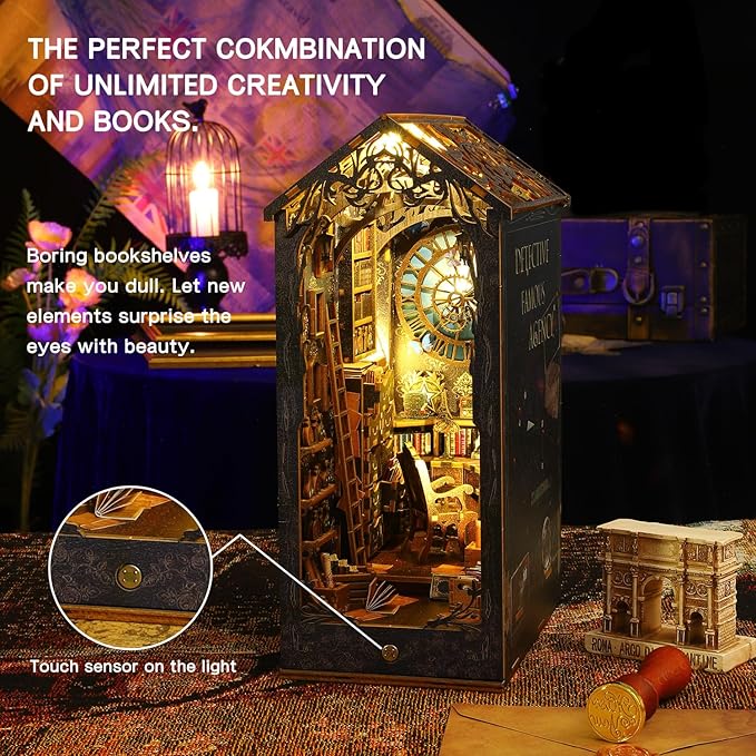 Book Nook Kit, DIY Dollhouse Booknook Bookshelf Insert Decor Alley, DIY Book Nook Miniature Kit with Lights, 3D Wooden Puzzle Decorative Bookend Miniature Model Kits for Adults