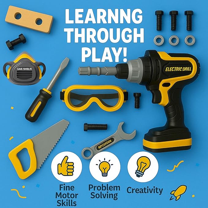 Kids Tool Set with Carrying Case, Electronic Toy Drill with Bits & Construction Vest – Pretend Play Kit with Safety Googles, Gas Shield, Tape Measure, Saw, Bubble Level, Screwdriver, Nuts & Bolts