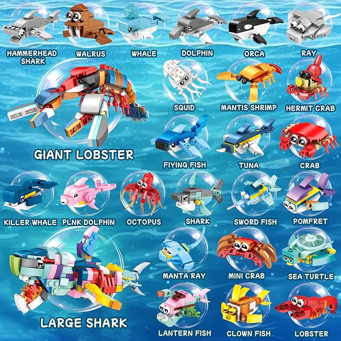 24 Packs Favors Kids Building Blocks Sea Animals Pool Party Favors Building Set for Birthday, Goodie Bag Stuffers, Classroom Prizes, Easter for Boys and Girls Ages 6-12
