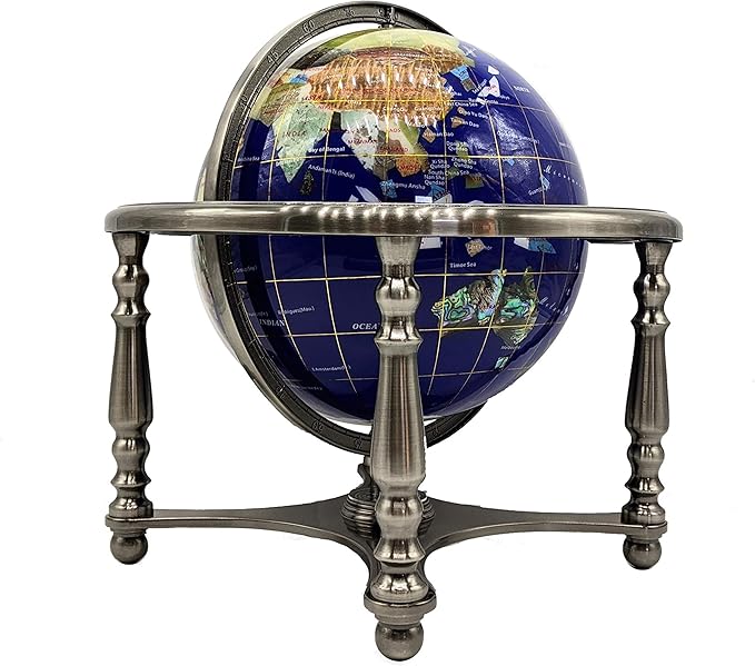 Limited Edition! Unique Art Since 1996 Blue Ocean Table Top Gemstone World Globe with 4-Legs Silver Zinc Alloy Stand (220MM/9 INCHES 4 LEG/BLUE OCEAN)