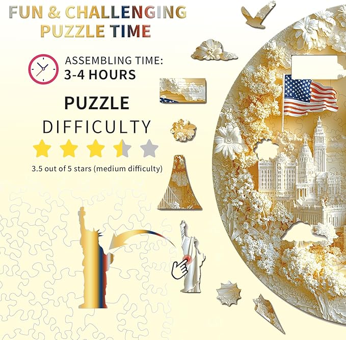 Wooden Puzzles for Adults,Statue of Liberty and Flag Puzzle, Unique Shaped Wooden Jigsaw Puzzles for Adults, Family Puzzle(100 Pieces 11.4X 11.4in 194pcs)