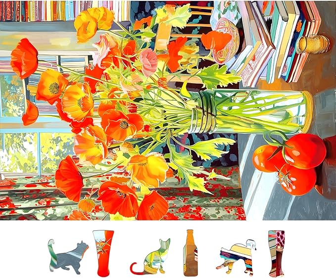 500 Piece Jigsaw Puzzle for Adults Orange Floral Art Premium 15"x23" Beautiful Flowers Large Piece Puzzle with Books Tomatoes Still Life Challenging Gift for Women, Men, Puzzle Lovers