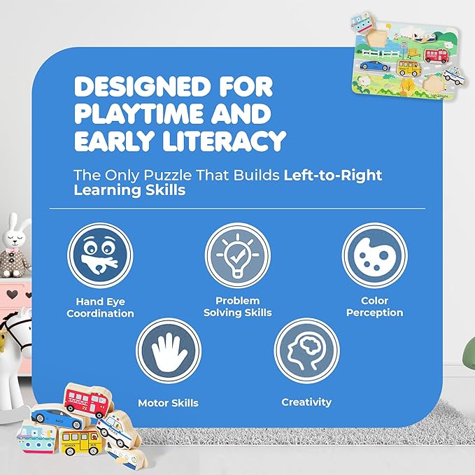 LEFT2RIGHT Wooden Puzzle for Toddlers 1-3 | Montessori Puzzle for 2 Year Old | Best Educational Puzzle for Motor Skills & Sensory Learning | Wooden Peg Puzzles for Toddlers 1-3 Transportation Edition
