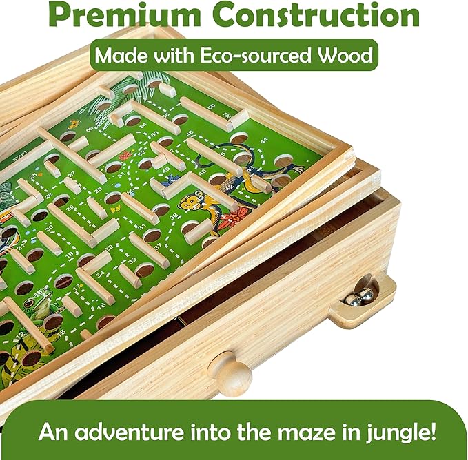 STERLING Wooden Labyrinth Marble Maze Game, Large 12.75" x 11.5" Tilt Maze Game Board with 60 Waypoints and Marble Balls Included, for Kids and Adults 6 Years and Up, Natural Jungle