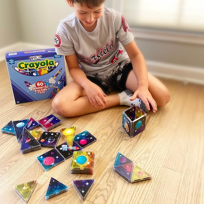 CreateOn Crayola Cosmic Magnetic Tiles, Building Set for Kids, Magnetic Building Toys for Kids, STEM Learning Toys for Boys and Girls Ages 3 and Up, 40-Piece Set (Cosmic)