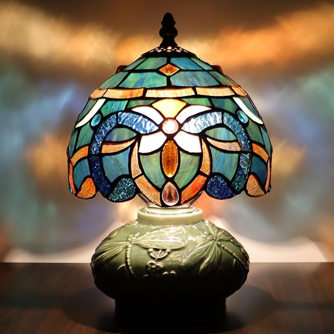 Small Tiffany Lamp Mushroom Table Lamp, Mini Stained Glass Desk Light Memory Sympathy Ceramic lamp 8X11 Inch (Blue Baroque Style)