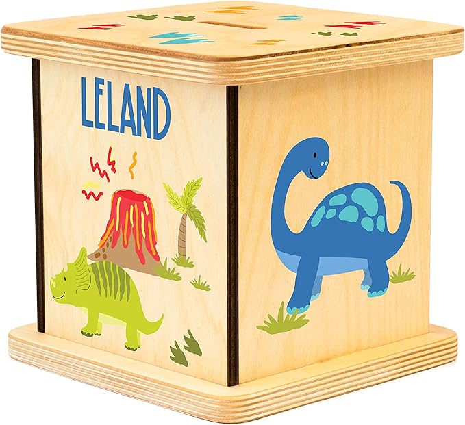 Wooden Piggy Bank for Kids and Adults, Personalized Gift Handmade in USA by BloomOwl, Custom Piggy Bank, Personalized Banks for Kids, Gifts for Baby Boys and Girls (Dinosaur- Fun)