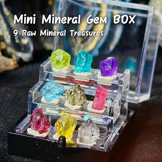 9 Rare Natural Gemstone Collection Gift Box-Peridot, Apatite & 7 Exquisite Minerals-Square Acrylic Tiered Display Case - Ideal Birthday & Christmas Gifts for Mineral Enthusiasts,Geography Enthusiast