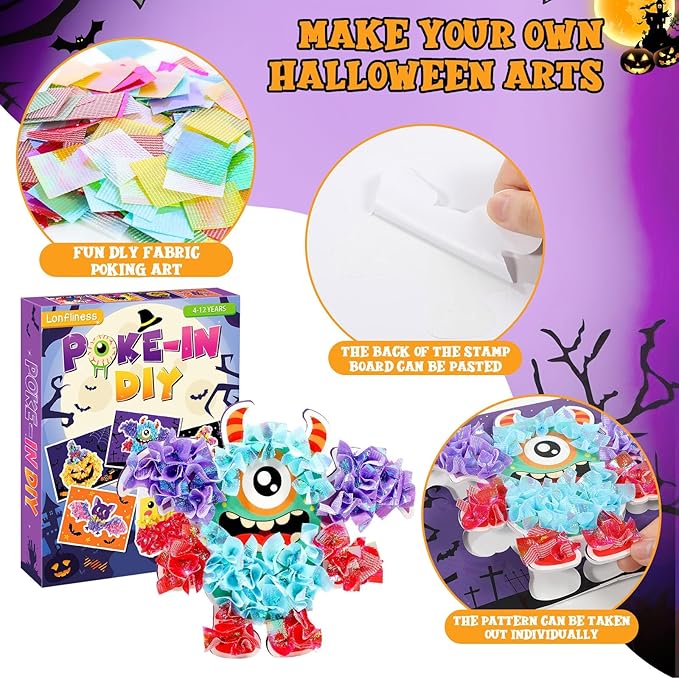 Lonfliness 8PCS Poke-in Craft and Art Kit Kids Halloween No-Mess Fabric Sewing Art Girl Boy 4-12 Puzzle Puncture Painting DIY Bat Pumpkin Ghost Halloween Toy Gift Creative Activity Game Birthday Party