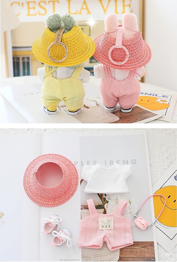 5 Pcs/Set 15-17cm Doll Clothes for Labb Rabbit Bunny, Lovely Girly Doll Clothing Straw Hat+Overalls+T-Shirt+Handbag+Canvas Shoes, Fashionable Outfit for Dress up, Doll Costume Fashion Dresses -Yellow