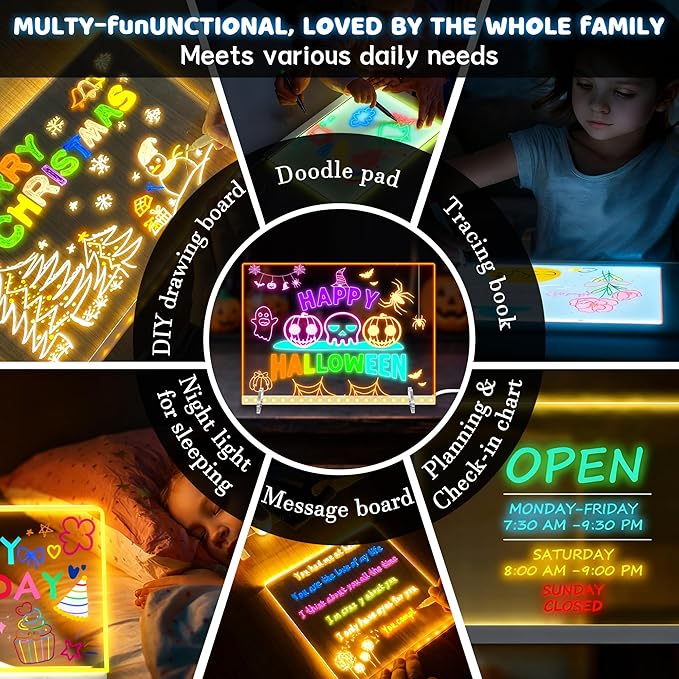 Doodle Glow Board -13.7'' X 10" LED Drawing Board for Room/Store/Festival/Christmas Gifts,etc. with 4 Modes & 7 Colors, LED Glow Drawing Board with Adapter, 7 Markers & Tracing Paper