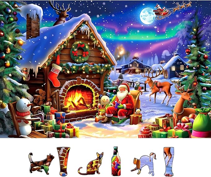 Christmas 500 Piece Jigsaw Puzzle for Adults - 23x15 Inch Santa Claus Reindeer Aurora Borealis Cabin with Unique Shaped Pieces, Home Decor