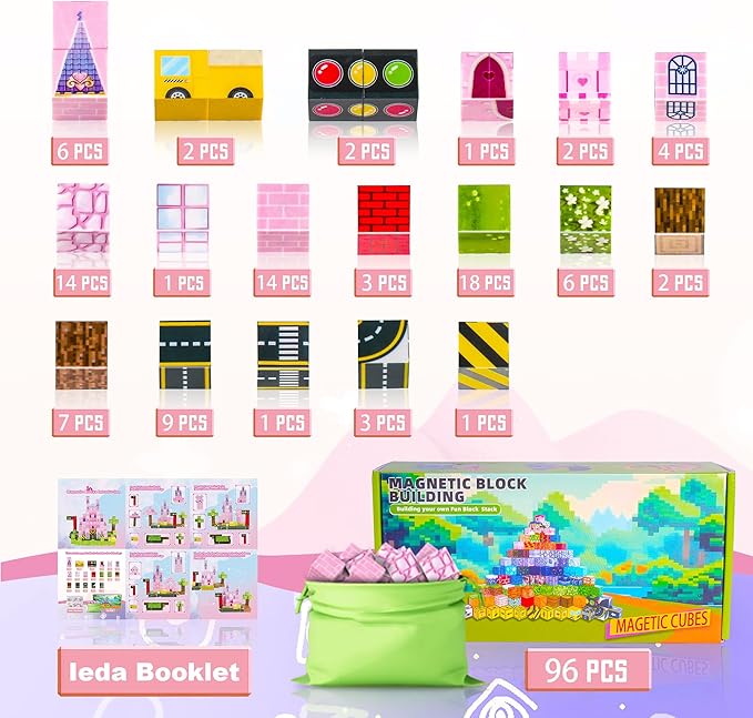 Magnetic Blocks 96 PCS Magnet World Princess Pink Castle World,Toys for 3+ Years Old Girls Boys, Montessori Sensory STEM Preschool Outdoor Toddler Toys, Christmas Birthday Gifts for Kids