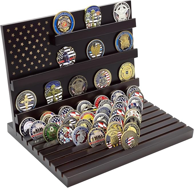 PiaoHao Challenge Coin Display Stand Military Coin Holder Wooden Rack Holds 80 Coins (Black)