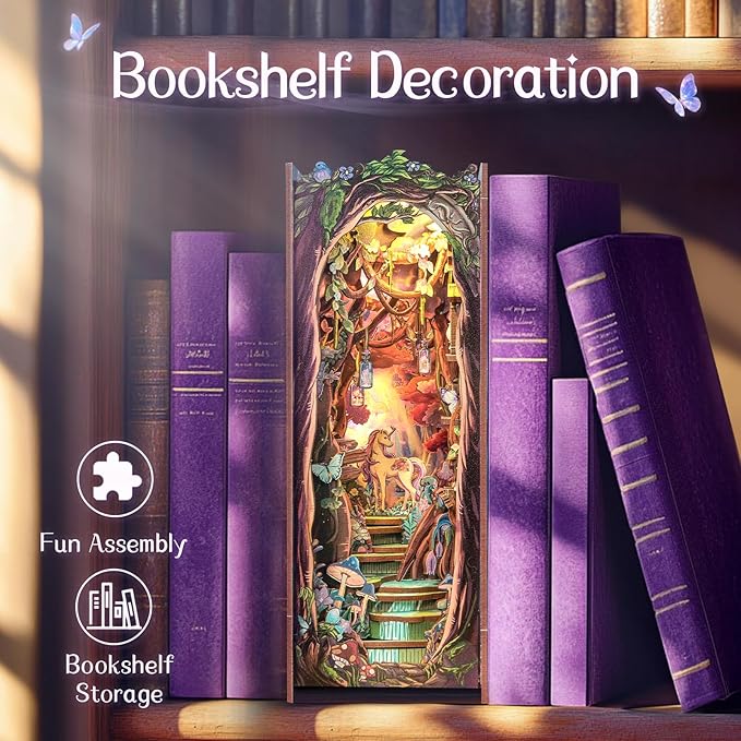Fsolis Book Nook Kit, DIY Miniature Room House Kit 3D Wooden Puzzle Craft Kit for Adult Decorative Bookend Bookshelf Bookcase Nook Decor Gifts for Women Teens and Book Lovers (The Grace of The Forest)