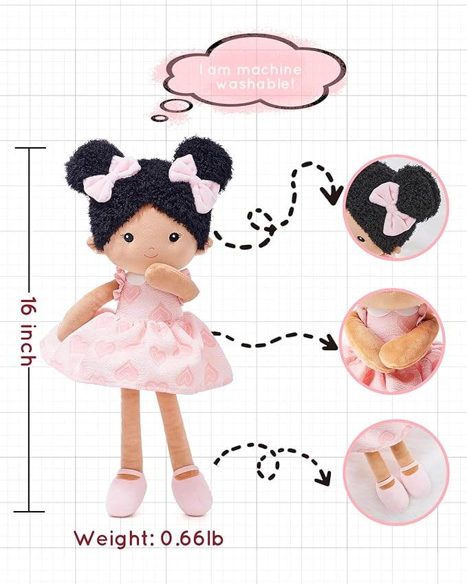 LeyaDoll Soft Baby Doll Toys (16''), My First Baby Rag Doll for 1 Year-Old Girl Birthday Gift, Christmas Plush Toys Gift for Toddler Kids Infants-Sweetheart(Double Buns Tanned)