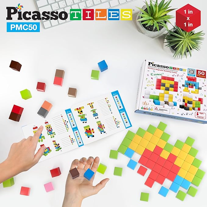PicassoTiles Kids Pixel 1” Magnetic Puzzle Cube Mix & Match with Free Ideabook Sensory Toys STEAM Learning Building Block Magnets Construction Toy Set Stacking Magnet Creative Kit