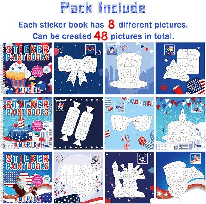 6PCS 4th of July Patriotic Crafts Paint by Sticker Books for Kids Ages 4-8 Sticker by Number Book Activity Puzzle Book for Kids Age 3-5 Toddler Art Gift for Memorial Day American Flag Star 48 Pictures