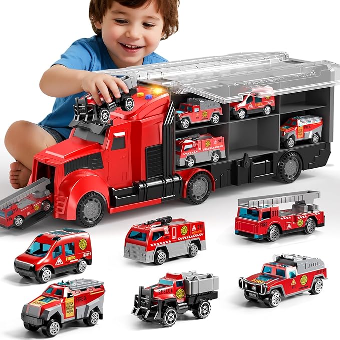 Fire Trucks Toy Set with Play Mat, Carrier Truck Play Vehicles Set for 3 4 5 6 Years Old Boys Kids, Die-Cast Car Toy for Toddlers 3-4 Years, Birthday Gifts Toys for 3-9 Year Old Boys