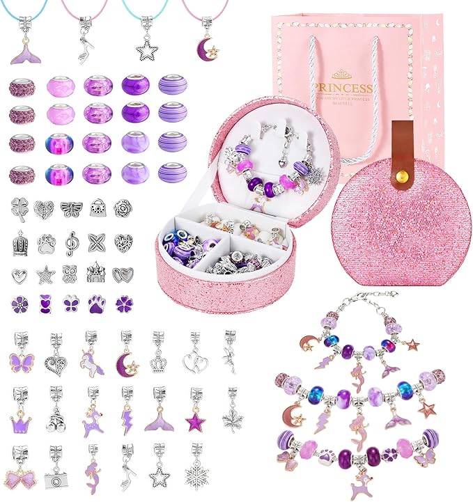 Emibele Girls Charm Beads Bracelet Making Kit with Portable Jewelry Box, Jewelry Making Kit for Kids Age 5 6 7 8-12, DIY Arts Crafts Toys for Teens Girls Gift Choices on Birthday Valentines Christmas