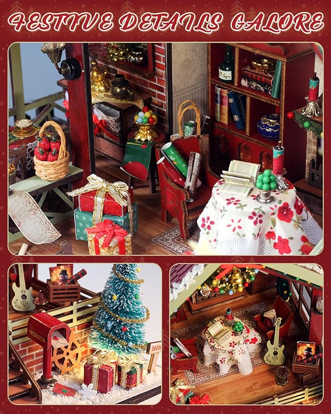 Miniature House Kit – Warm Christmas Lodge, DIY Wooden Dollhouse with LED & Music Box, Tiny House Craft Gift for Teens Families Friends
