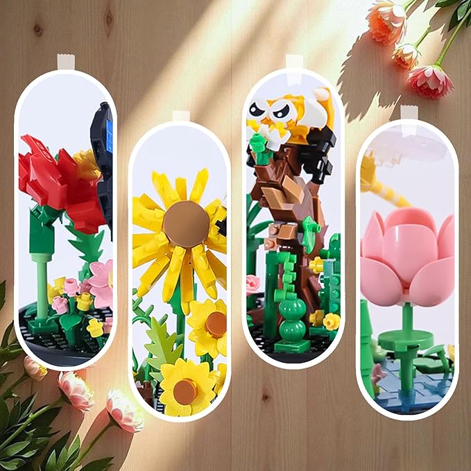 Insect Flowers Collection Micro Building Toy Set with Dust Cover, Flower Plants Bug Botanical Set for Nature Decor, Bug Building Office Home Decorative, Plant Decor Birthday Gift for Adults Kids