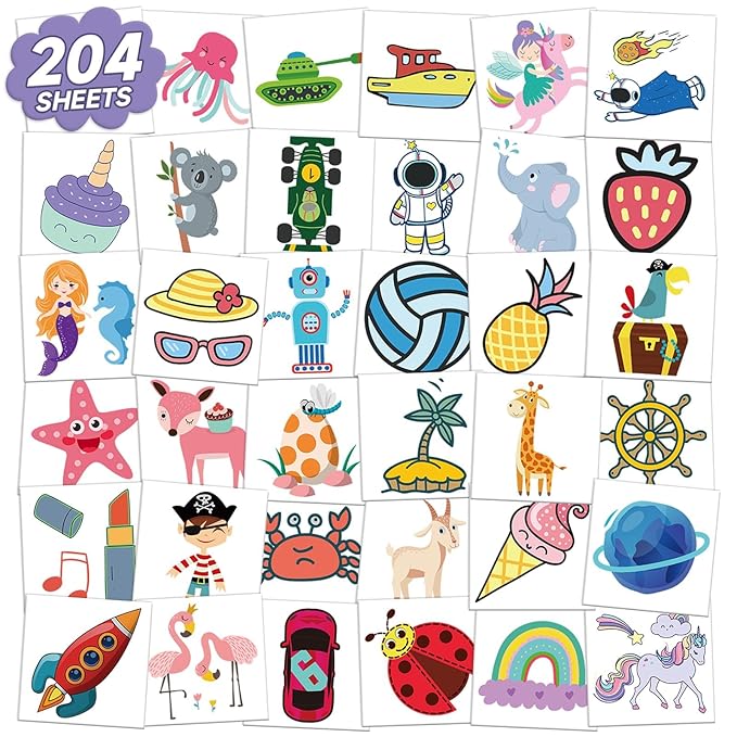 EMOME 204 Sheets Temporary Tattoos for Kids, Individually Wrapped Tattoos for Boys Girls Birthday Party Favors Supplies Goodie Bag Stuffers, Waterproof Kids Fake Tattoos Stickers