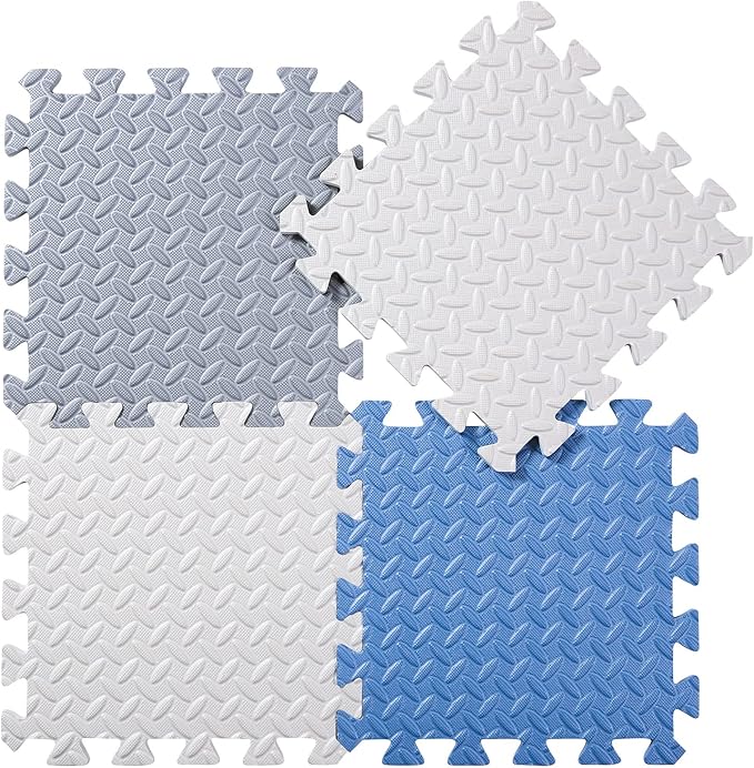 Foam Floor Mats for Kids, 12 x 12 Inch 16 Tiles 0.4" Thickness Foam Play Mat, Non-Toxic Square Interlocking Floor Mats Rubber Baby Play Mat for Toddlers(White/Gray/Gray Blue)