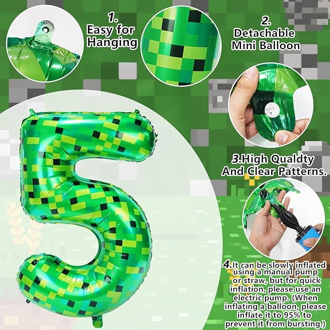 40in Green Pixel Number 5 Balloon Birthday Decorations, Miner Theme Green Foil Balloons Blast Gaming Party Supplies