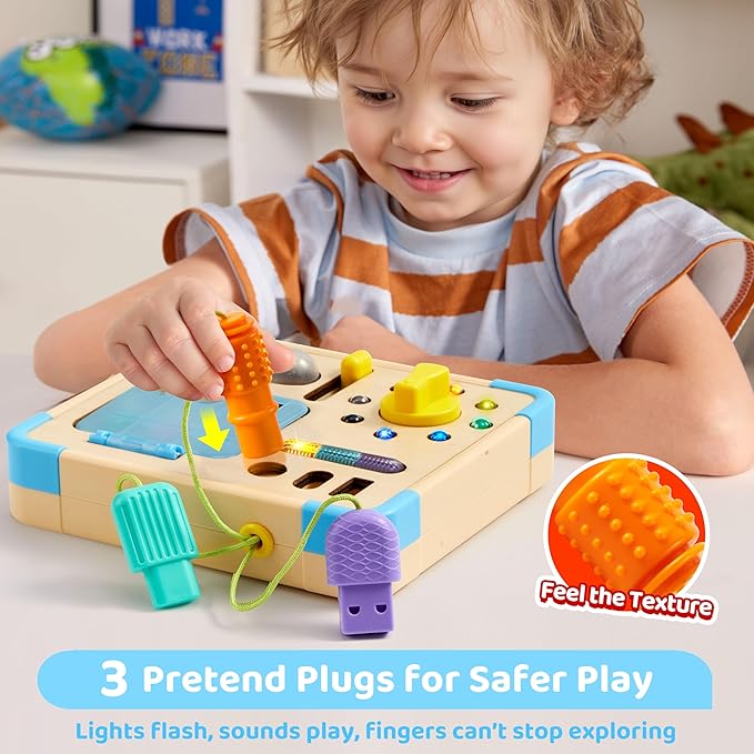 Electronic Busy Board – Montessori Learning Toddler Toy, 15 LED Lights & 9 Sound Effects, 5 Interactive Switches & Plugs, Sensory, Fidget, Travel Activities, Early Development, Baby Toys Age 18M+ Old