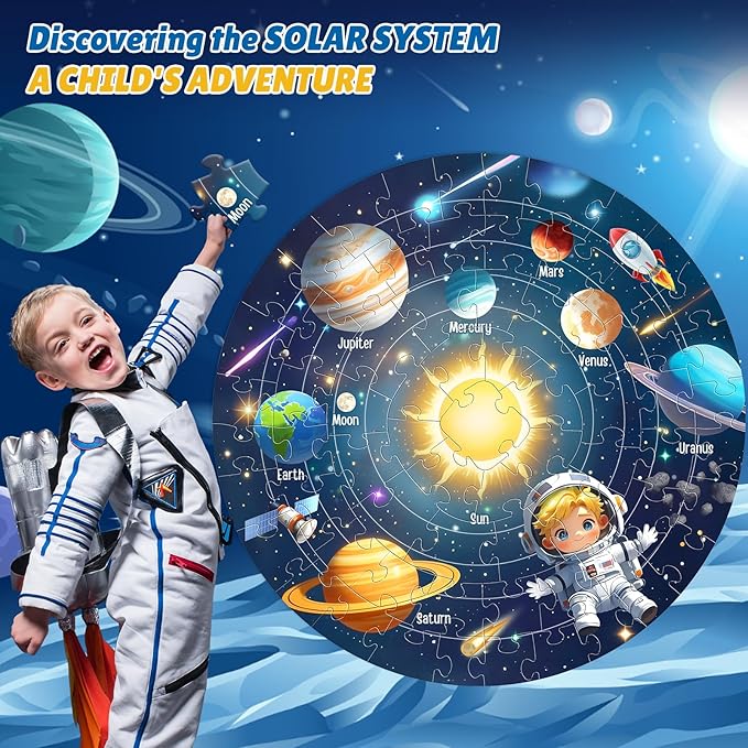 ELX 70 Piece Space Large Floor Puzzle for Kids Ages 5-8, Solar System Globe & USA Map Jigsaw Puzzles,Double-Sided Planet Round Puzzle for Toddlers,Geography Educational Toys for Boys&Girls (22.5 Inch)