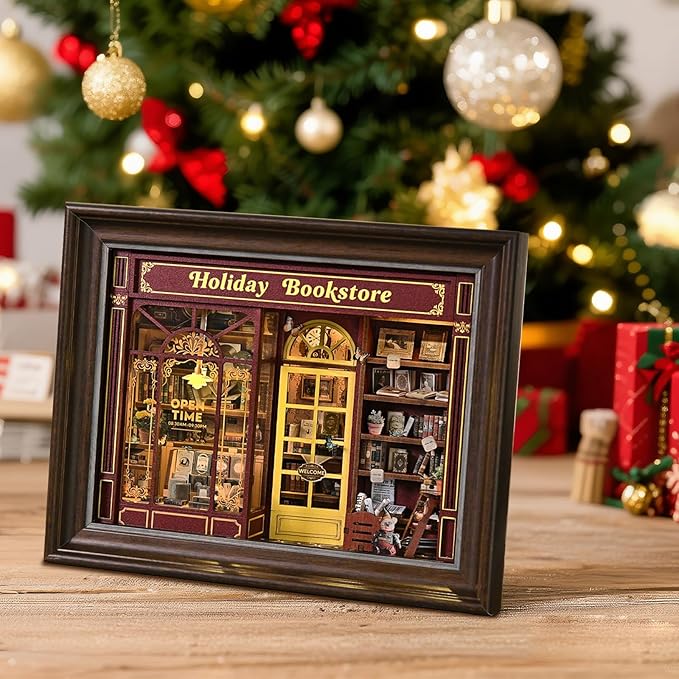Book Nook Kit-3D Wooden Puzzle with LED Switch Control & Wall-Mountable Frame,DIY Miniature House for Beginners,Bookshelf/Tabletop/Wall Decor for Craft Lovers,Dollhouse Gift,Holiday Bookstore