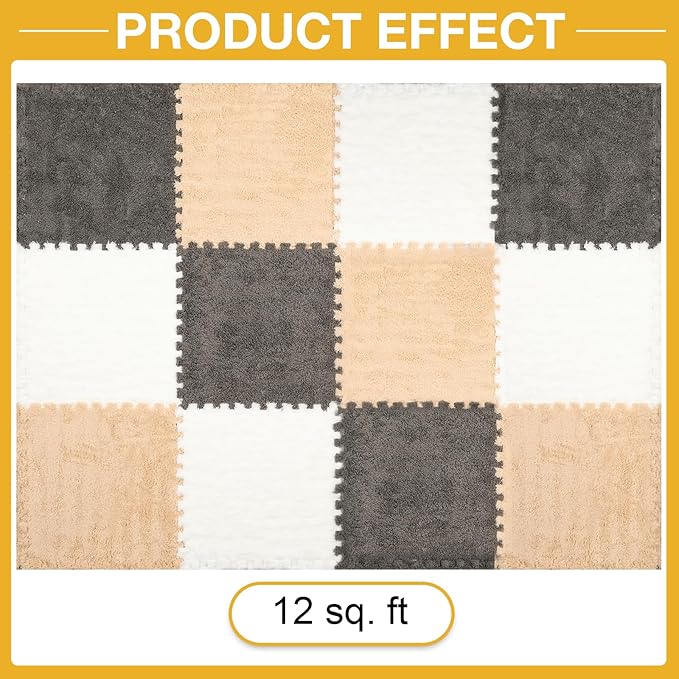 12 Pcs Plush Interlocking Carpet Tiles, Non-Toxic Foam Carpet Tiles for Toddler Baby, Machine-Washable, Anti-Slip, EVA Foam Interlocking Tiles for Floor, Nursery, Grey White Light Brown