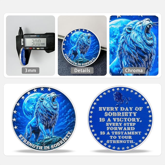 Strength in Sobriety Lion Recovery Challenge Coin Inspirational Sobriety Token for AA, NA, and Recovery Gifts Animal Series Sobriety Coin (Midnight Blue Lion)