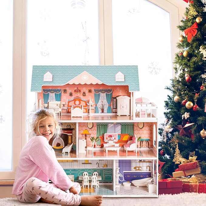 ROBUD Wooden Dollhouse for Kids Girls, Toy Gift for 3 4 5 6 Years Old, with Furniture