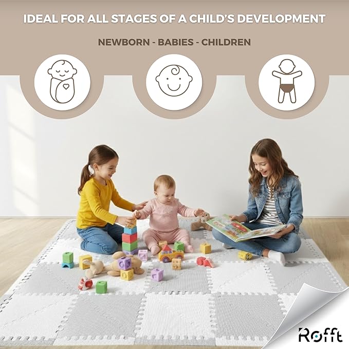 Little fun times Play Mat for Baby Large 72 Pieces, Assembled Total 64 x 64 inch 28,4 SqFt, Interlocking Floor Puzzle, EVA Tiles Playmat for Toddler and Kids, Two Colors Design with Edges.