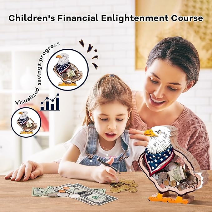 Wooden Eagle Piggy Banks for Kids Money Coin Bank, Cute Unbreakable Piggy Bank DIY Personalized Kids Safe Money Box with Stickers, Toddler Birthday Baptism Gifts for Girls Boys Eagle Lovers