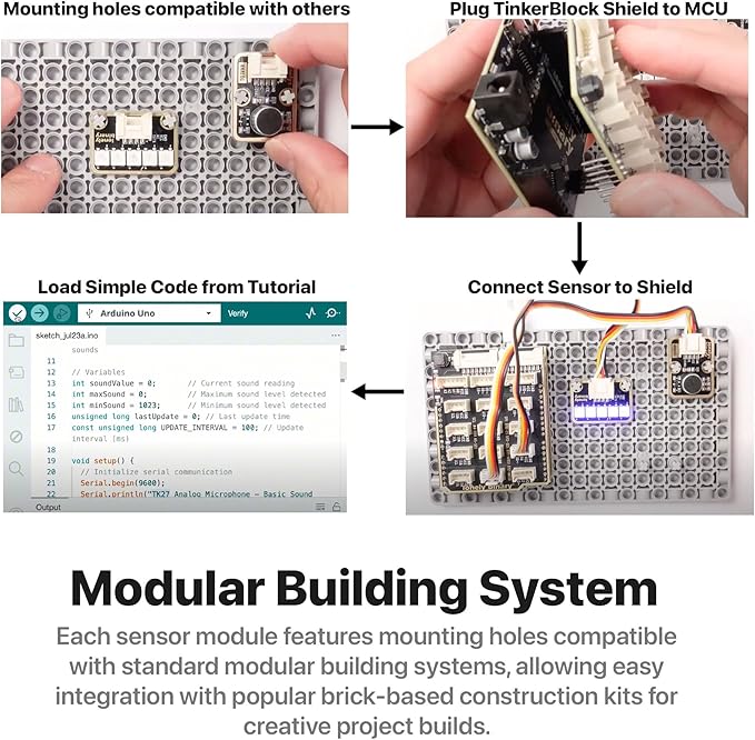 TinkerBlock UNO R3 Starter Kit with 12 Plug-in Sensor Modules, ATmega328P, Extension Board, Compatible with Arduino IDE, STEM & Electronics Learning-No Wiring Needed- Video Tutorials