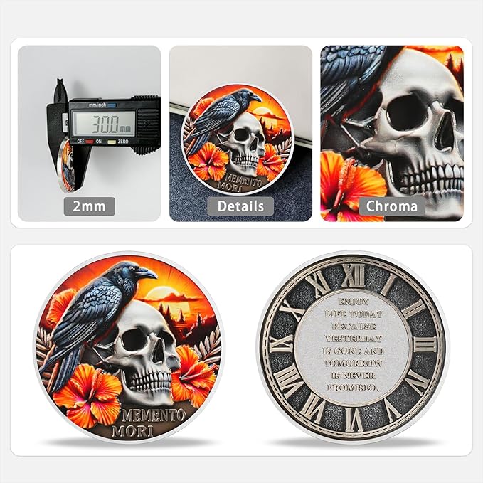 AtSKnSK Memento Mori Coin Momento Mori Coin Skull Coin Stoic Gifts Memento Mori Calendar Living Memento Mori Amor Fati Coin (Twilight Raven Skeleton)