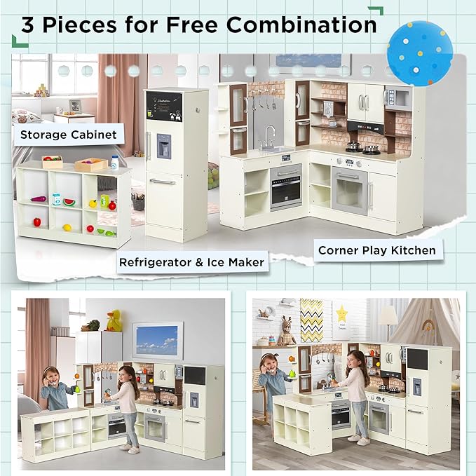 3-Piece Kids Kitchen Playset, Walk-in Wooden Play Kitchen Set for Toddlers, Modular Pretend Play Kitchen w/Light&Sound, Large Corner Kitchen Cooking Toy w/Coffee Capsule, Gift for Girls Boys