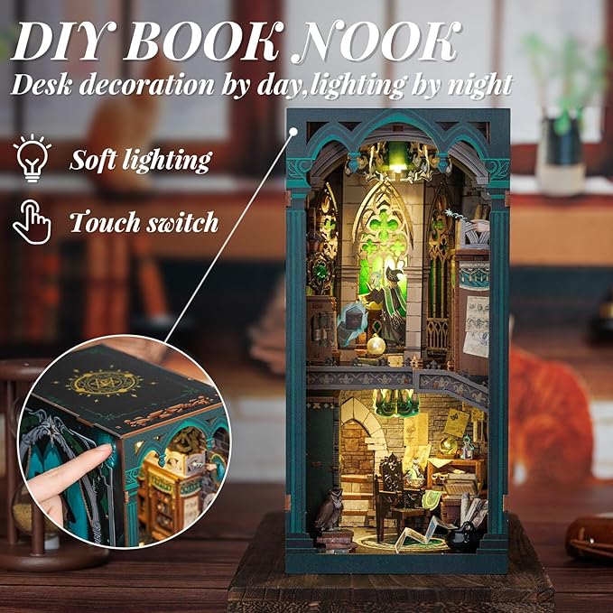 Fsolis Book Nook Kits for Adults, DIY Miniature House Kit 3D Wooden Puzzle Booknook Magic Halloween Bookshelf Nook Decorative Bookends for Women Teenagers and Book Lovers(Darkness Common Room)