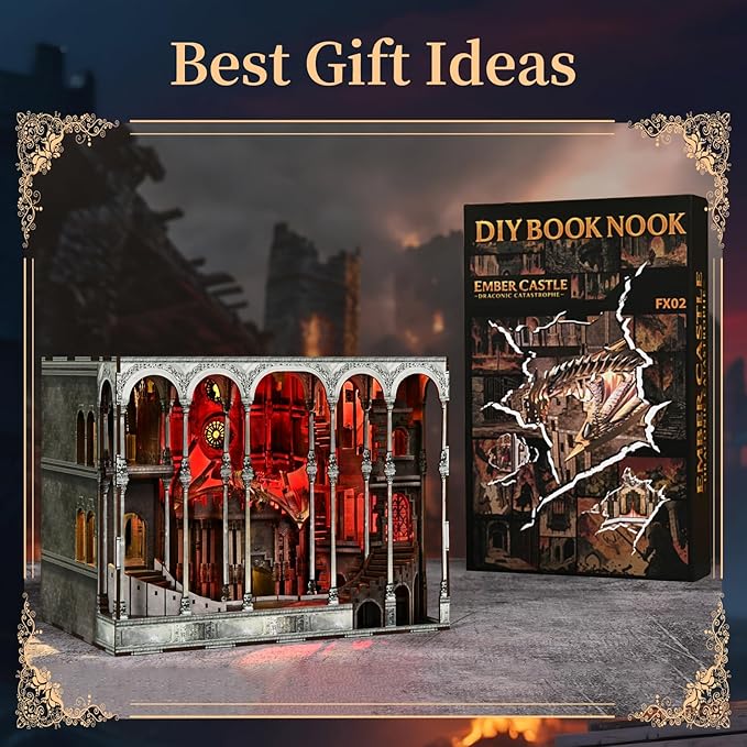 Book Nook Kit, DIY Miniature Dollhouse Booknook Kit, 3D Wooden Puzzle Bookend Bookshelf Insert Decor with LED Light for Teens and Adults (Ember Castle)