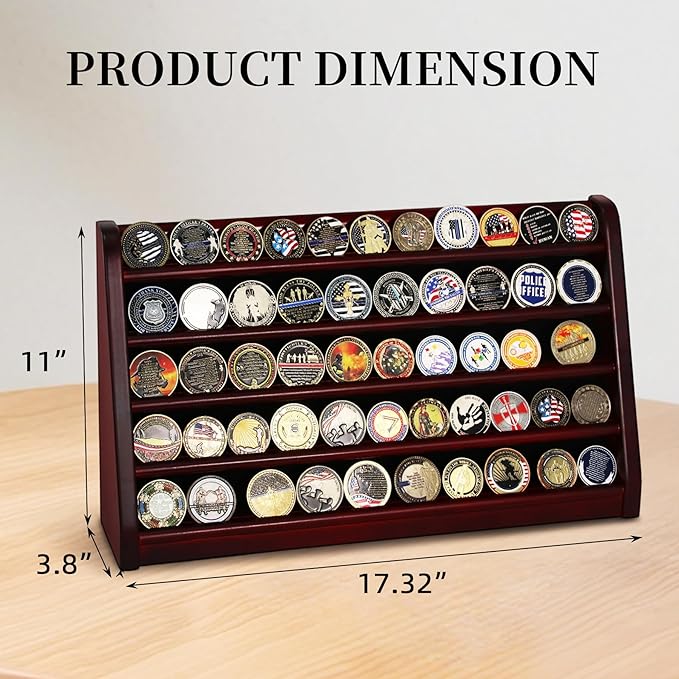 5 Rows Challenge Coin Holder Display Stand Holds 50 Coins for Wall Mount or Tabletop, Solid Wood Military Coin Rack Display Case for Army Collectibles, Mahogany