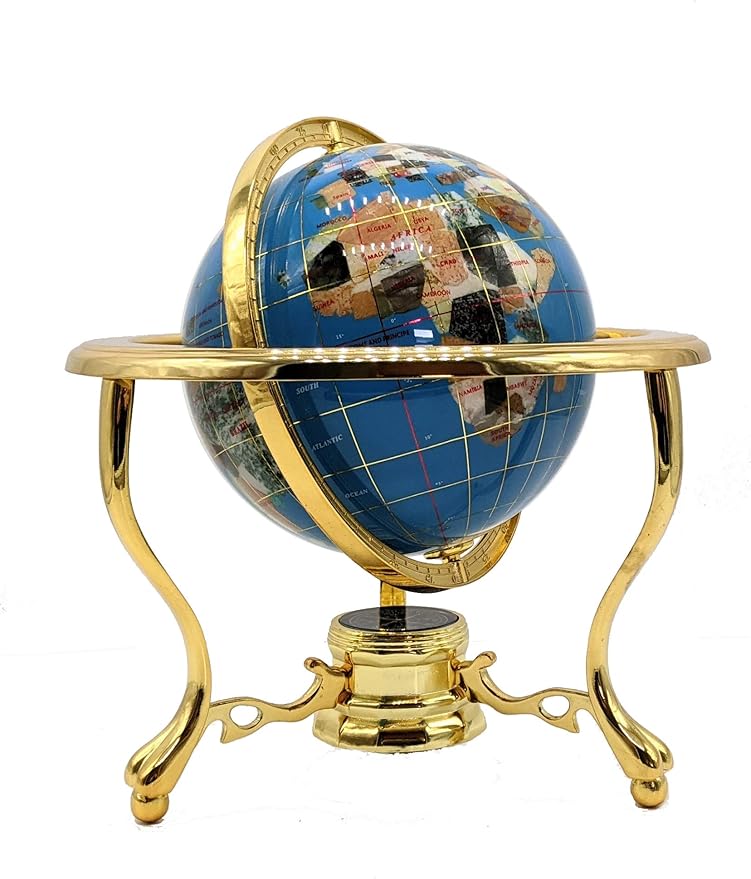 Unique Art 10-Inch Tall Table Top Turquoise Ocean Gemstone World Globe with Gold Tripod Stand (Turquoise Ocean Gold)