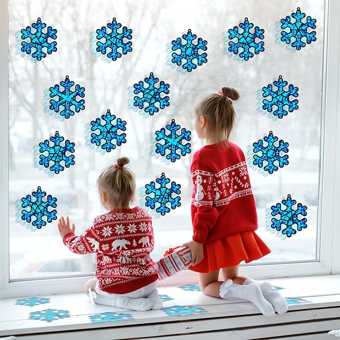 32 Sets Winter Snowflake Suncatchers Craft Kit DIY Window Stained Glass Effect Wintertime Snowflake Paper Crafts Home School Classroom Decoration Kid Birthday Gift Creative Art Project Activity Game