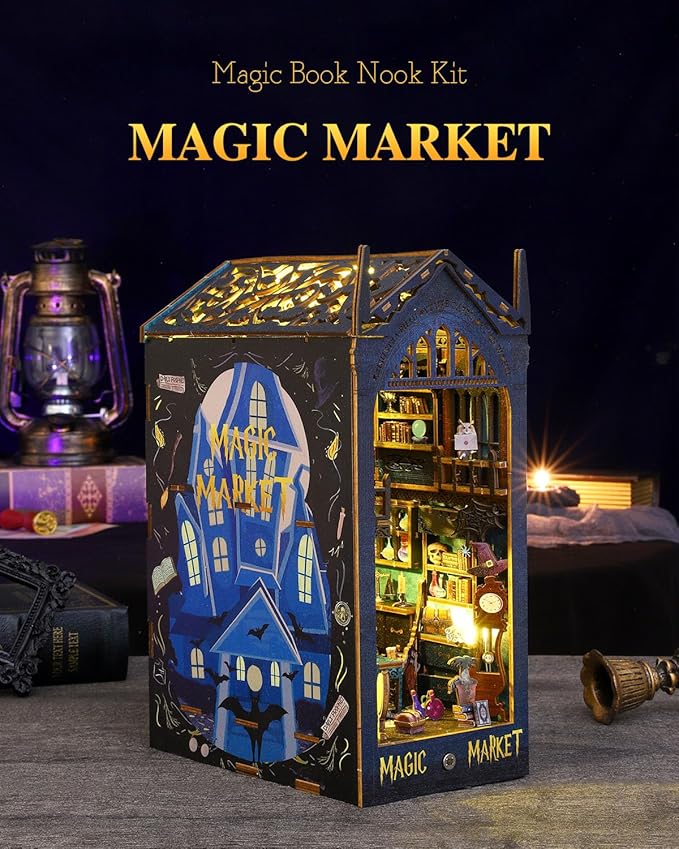 Magic Book Nook Kit, DIY Booknooks Kit for Adults Teens, Bookshelf Diorama Miniature House Kit Scenes Insert Decor with Sensor Light, 3D Wooden Puzzle Gifts for Boys Girls (Magic Market)